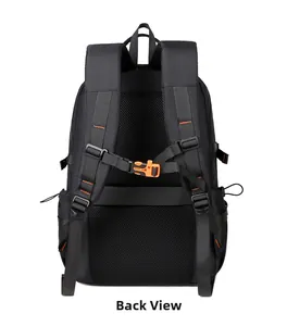 Back view of travel backpack with 3D breathable mesh padding and orange chest strap