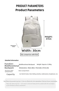 Detail view of lightweight gray backpack dimensions 30x14x47cm with iPad size comparison