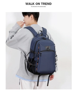 Side view of dark blue waterproof laptop backpack with orange straps and mesh pocket
