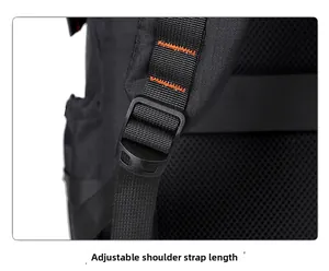 Detail of adjustable shoulder straps with orange stitching and breathable honeycomb mesh