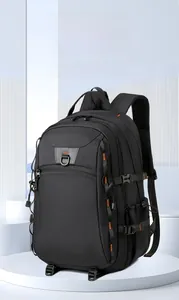 Close-up of durable black outdoor backpack featuring adjustable buckles and orange stitching