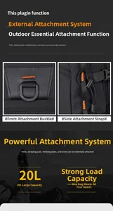 Detail view of 20L outdoor backpack attachment system for trekking poles and tents