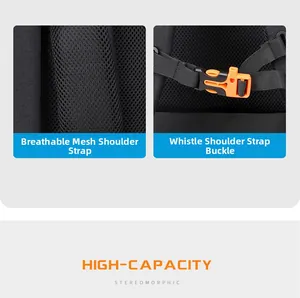 Detail of breathable honeycomb mesh shoulder straps with orange emergency whistle buckle