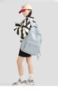 Close-up of light blue nylon backpack side pockets and functional compartments