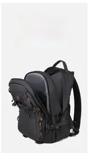 Detail view of spacious black backpack featuring multiple zipper compartments and side pockets