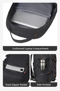 Detail view of laptop compartment, front pocket and side bottle holder on black backpack