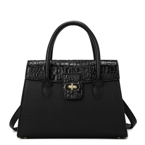 Schwarze Damenhandtasche aus Krokodilleder mit goldenem Drehverschluss und Henkel