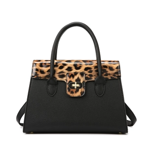 Modische schwarze Handtasche aus Leder mit Leopardenmuster-Klappe und Goldschloss