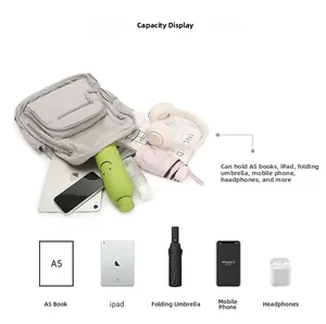 Flat lay showing storage capacity of grey nylon backpack with iPad and daily items