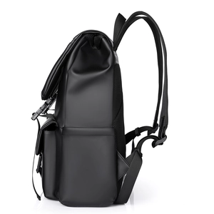 Matte black waterproof PU leather backpack with side pockets and a stylish buckle design