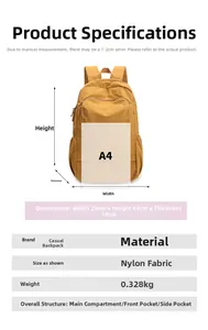 Gedetailleerde specificaties van de gele waterdichte nylon rugzak met afmetingen