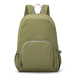 Foldable olive green outdoor backpack with reflective strip and nylon crinkle texture