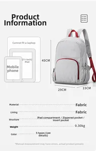 Detail view of lightweight gray travel backpack with internal iPad compartment and pockets