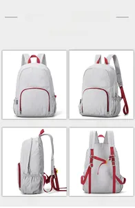 Detailed views of gray folding backpack with red zippers and reinforced shoulder straps