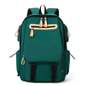 Large capacity dark green travel backpack for students with khaki leather accents