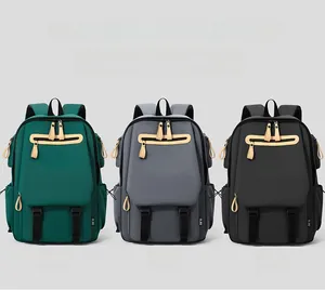 Three large waterproof nylon backpacks in green, gray, and black for travel and school