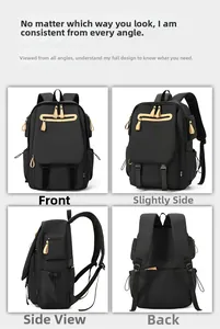 Detailed four-angle view of a waterproof black travel backpack with padded mesh straps