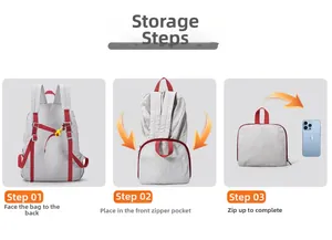 Three-step guide showing how to fold the light grey ultralight travel backpack into a small pouch