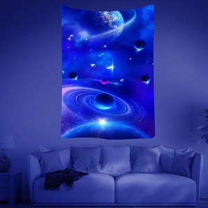 Detailed close-up of cosmic space tapestry featuring Earth and planets in deep blue tones