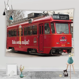 Detail of red vintage tram wall tapestry with high-quality printing on polyester fabric