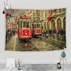 Retro red tram street scene wall tapestry for bedroom and living room decor