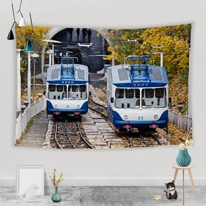 Detail of vintage tram illustration on polyester tapestry for bedroom wall decor