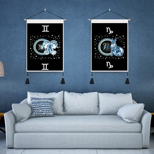Starry sky zodiac wall tapestries with Gemini and Capricorn designs in home setting