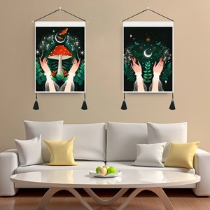 Mystical Mushroom Butterfly Wall Tapestry Hanging Scroll Polyester Cotton With Wooden Rod And Tassels Bohemian Home Decor