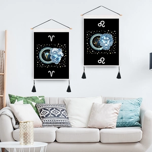 Aries and Leo constellation wall tapestry with wooden rod and black tassels for home decor