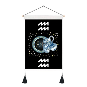 Aquarius zodiac wall tapestry with wooden hanger and blue constellations on black fabric
