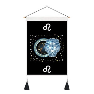 Close-up of Leo zodiac wall tapestry featuring blue lion head and wooden hanging rod