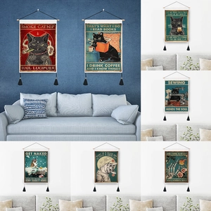 Retro Black Cat Tapestry Wall Hanging Funny Motivational Quote Art Fabric Scroll With Wood Rod And Tassels For Home Decor