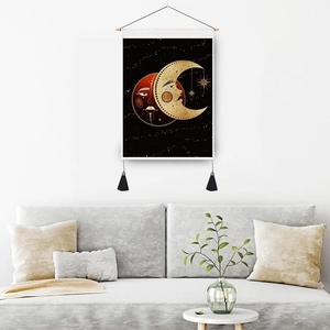 Bohemian sun and moon celestial tapestry with black fabric and wooden hanging frame