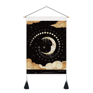 Cloud and moon astrology fabric wall tapestry with wooden rod and black tassels