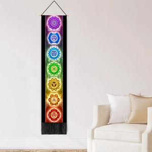 Bohemian vertical chakra tapestry with colorful symbols and black fringe for wall decor