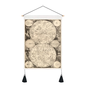 Detail of vintage celestial star map tapestry with wooden rod and black bottom tassels