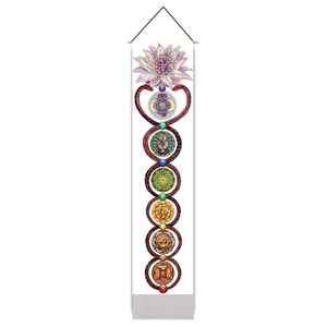 Vertical chakra tapestry detail featuring seven energy symbols and silver tassels