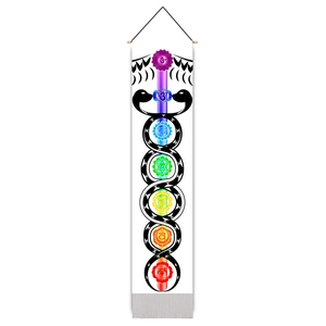 Vertical seven chakra wall tapestry featuring kundalini snakes and wooden hanging rod