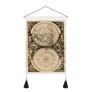 Close-up of vintage nautical map tapestry with wooden bars and black tassels