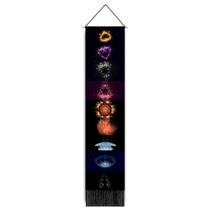 Vertical wall tapestry with mandala motifs, wooden hanging rod and black tassels