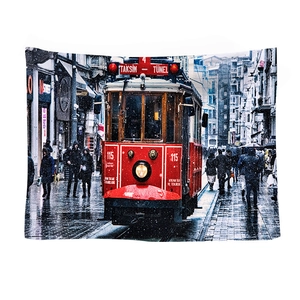Retro red tram illustration on wall tapestry for American urban street style decor