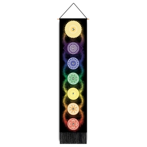 Vertical seven chakra tapestry with colorful mandala symbols on black fabric and tassels