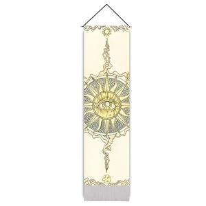 Detail of bohemian sun and moon tapestry with cotton linen texture and wooden beam