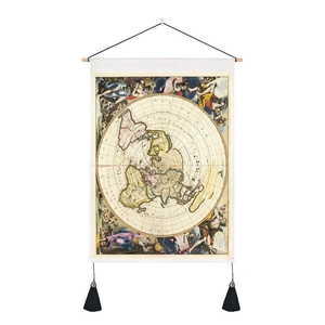 Detail of vintage nautical treasure map tapestry with wooden rod and black tassels