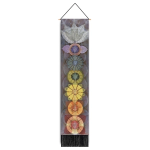 Vertical seven chakra wall tapestry with bohemian floral patterns and black bottom tassels