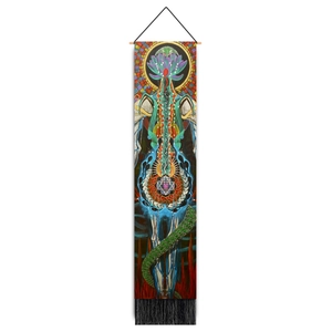 Vertical bohemian tapestry with mandala, spine art, wooden rod and black fringe accents