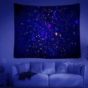 Close-up of starry night sky tapestry with bioluminescent neon plant patterns on wall