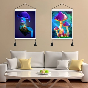 Mushroom Tapestry Wall Hanging Polyester Cotton With Wooden Pole And Tassels Fantasy Psychedelic Dreamy Decor