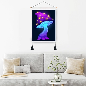 Psychedelic glowing mushroom wall tapestry with wooden frame and black tassels for room
