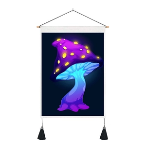 Psychedelic purple mushroom wall tapestry with wooden rod and black tassels